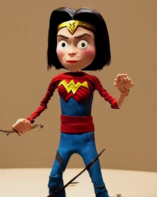 Image similar to steve buscemi dressed as wonder woman as a highly detailed stop motion puppet, in the style of laika studios ’ s paranorman, coraline, kubo and the two strings shot in the style