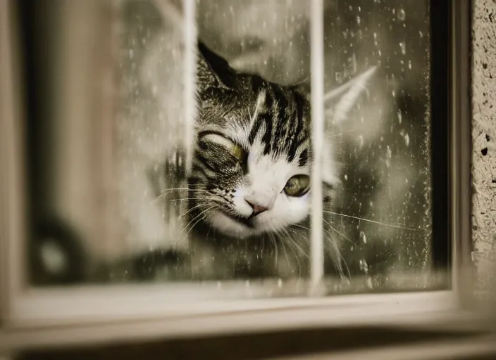 Image similar to photography of a Cat . watching outside the window while it rains. on a bed. in a 70's room full of vinyls and posters, photorealistic, raining award winning photo, 100mm, sharp, high res