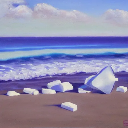 Image similar to an oil painting of a giant white styrofoam cup on the beach, the beach has purple water, surrealism