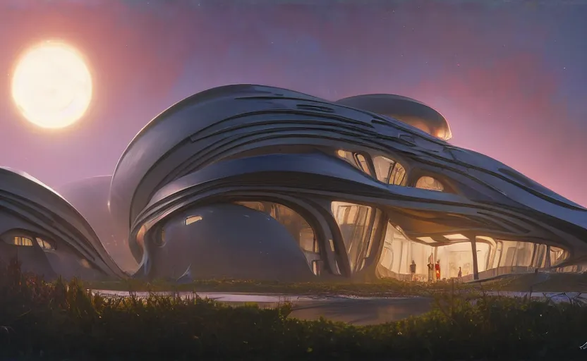 Image similar to exterior shot of utopian architecture laboratory with cinematic lighting by zaha hadid and renzo piano, darek zabrocki and greg ruthkowski, alphonse mucha, simon stalenhag, cinematic, scifi, futurism, atmospheric, sunset, concept art, artstation, trending on artstation