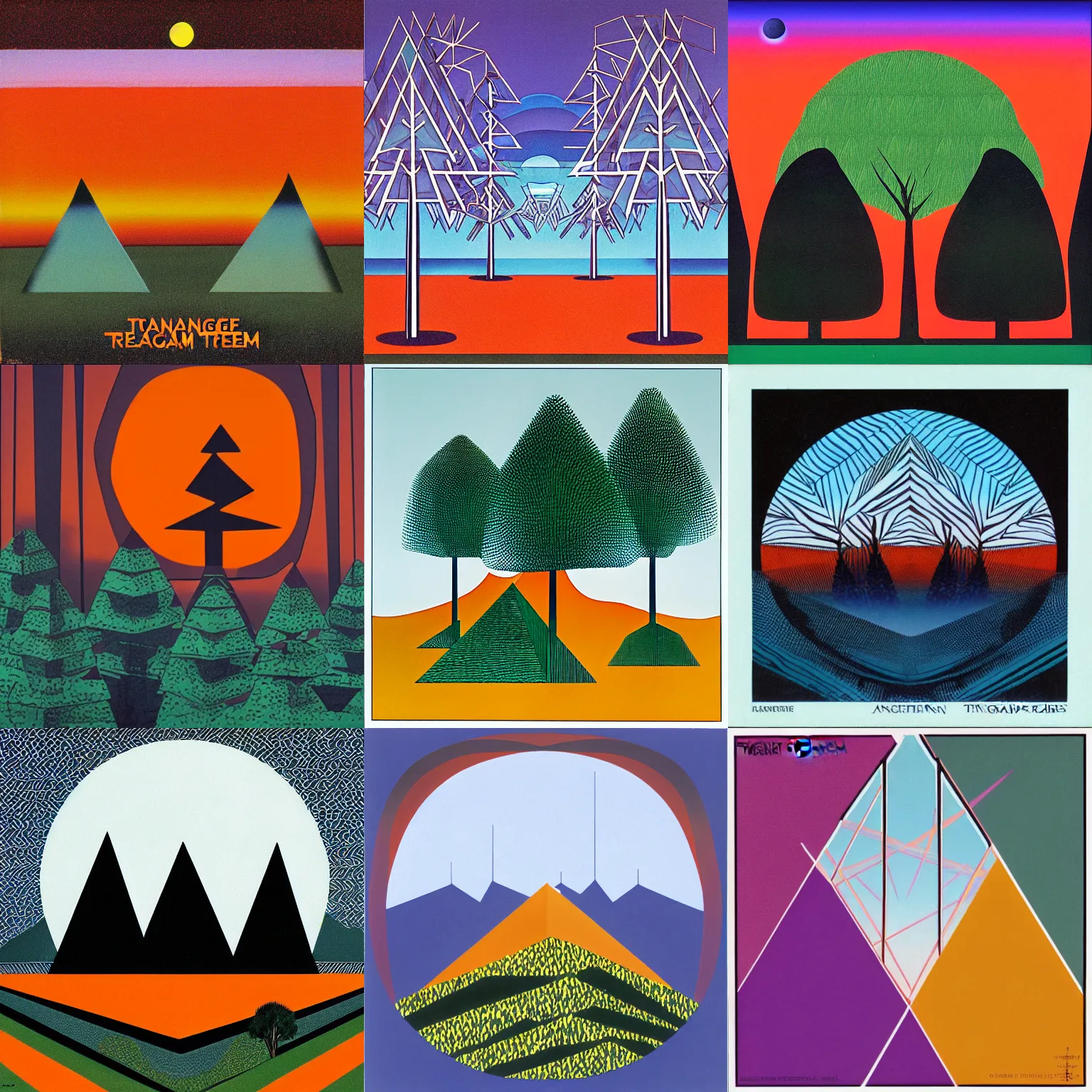 Prompt: Tangerine Dream Album Cover, geometric trees and mountains, 1970s