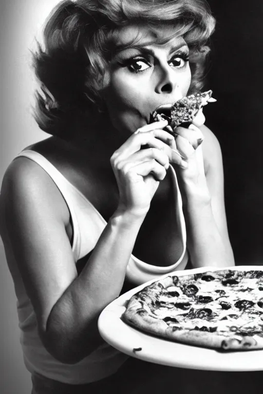 Image similar to professional studio photo of sophia loren eating!!! a pizza! margherita, closeup, portrait photo, diffuse light, black and white photo, 5 0 mm, soft focus, acclaimed, masterpiece