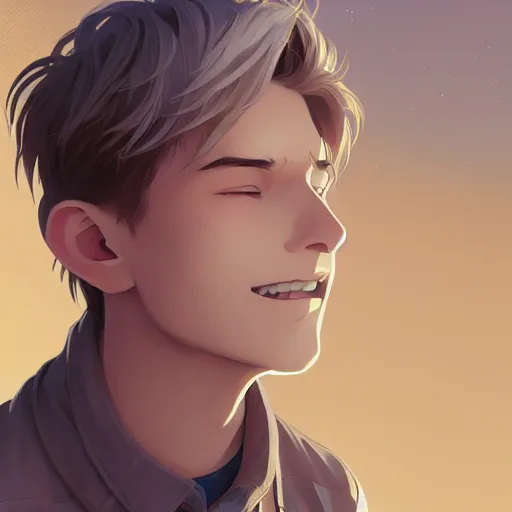 Image similar to young man with short, ash blond greyish hair, light brown eyes, casual clothes, relaxing, happy, path traced, highly detailed, high quality, digital painting, by ross tran and studio ghibli and alphonse mucha, sylvain sarrailh, beautiful details