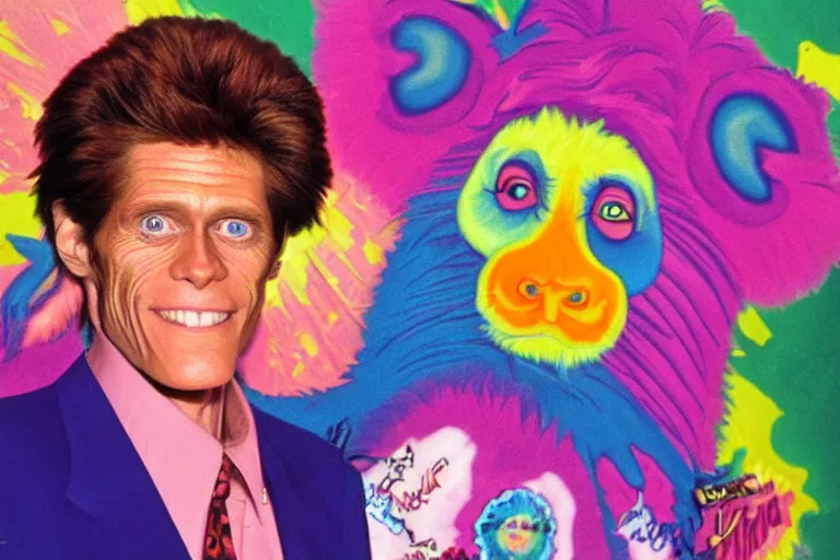 Image similar to lisa frank painting of willem dafoe at showbiz pizza 1 9 8 9