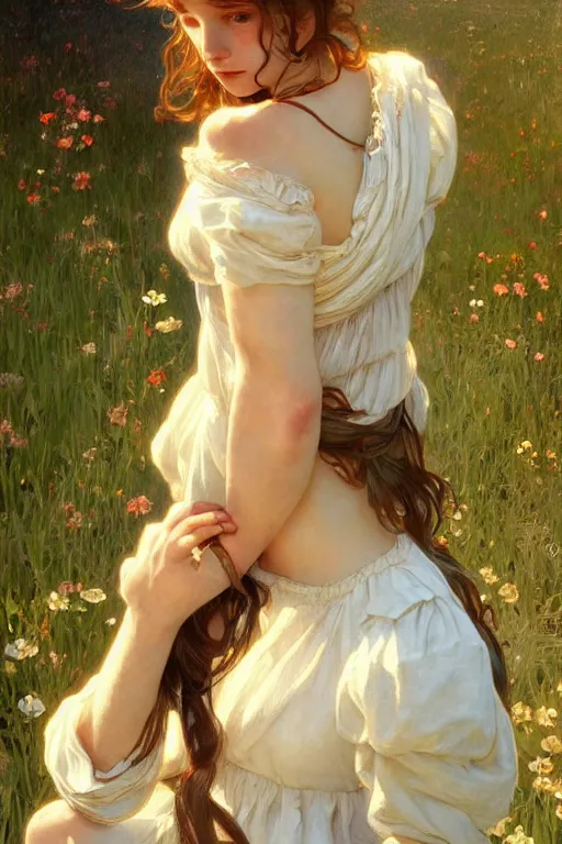 Image similar to beautiful cottagecore young peasant maiden, innocent, intricate, elegant, highly detailed, digital painting, artstation, concept art, smooth, sharp focus, illustration, art by artgerm and greg rutkowski and alphonse mucha