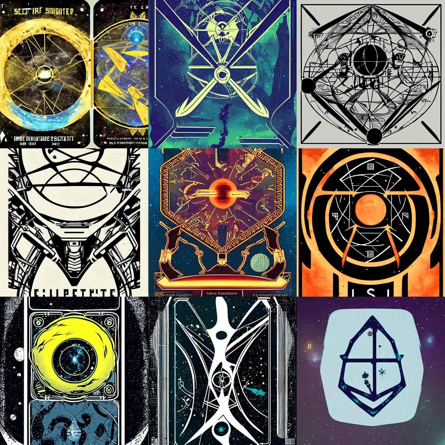 Prompt: a sci-fi sigil to protect explorers of latent space, Tarot, graphic design