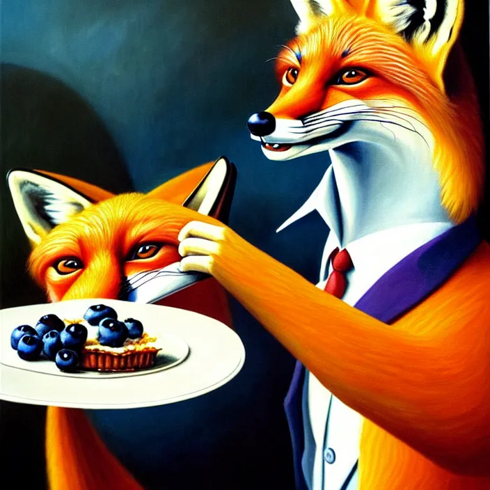 Prompt: a painting of a photorealistic anthropomorphic male red fox in a dapper suit eating a slice of blueberry pie, oil on canvas, soft lighting, vivid colors, surreal, vibrant, by salvador dali and disney
