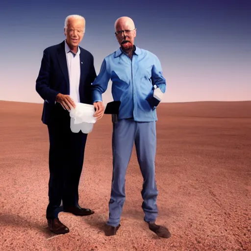 Prompt: Joe Biden and walter white holding ziploc bags of crystal blue meth, in the desert, film still, 4k, photorealistic, hd