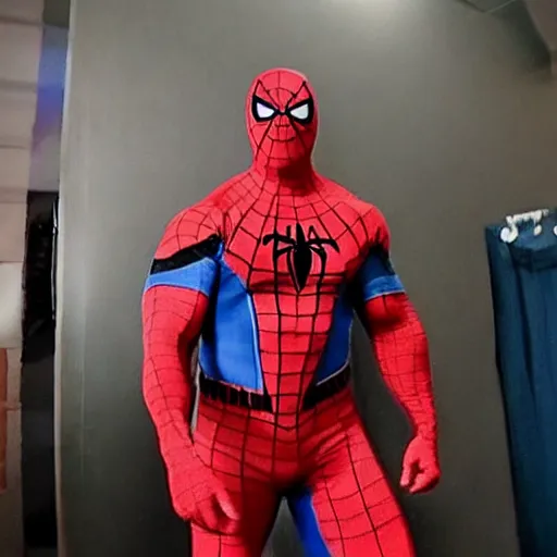 Image similar to dwayne johnson promo on ring wearing spiderman costumes