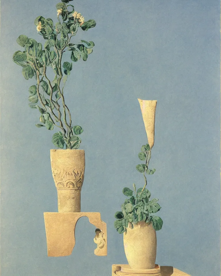 Prompt: achingly beautiful print of one painted ancient greek vase on baby blue background by rene magritte, monet, and turner. symmetrical.