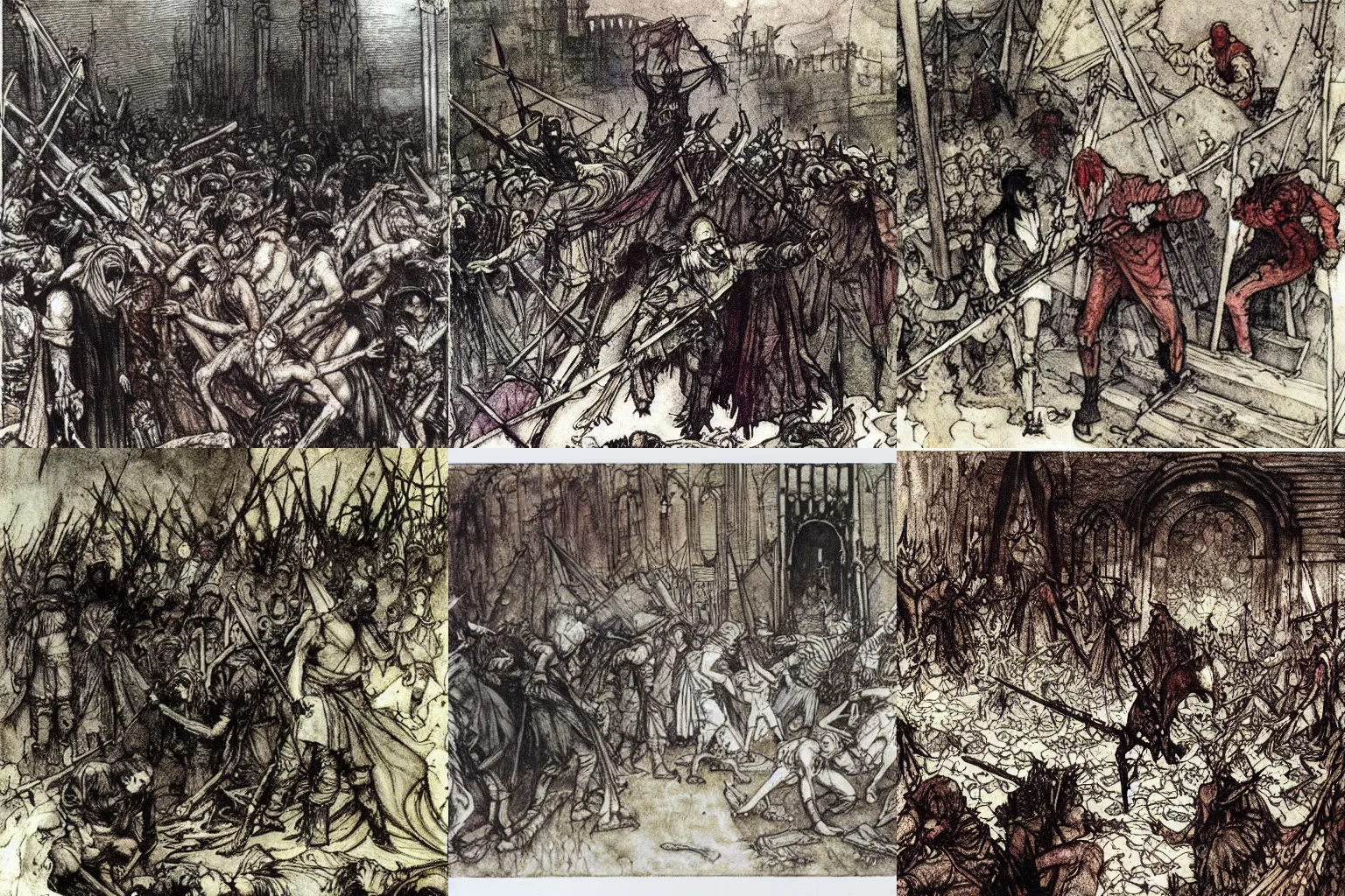 Prompt: blood flood and anarchy. painting by arthur rackham.