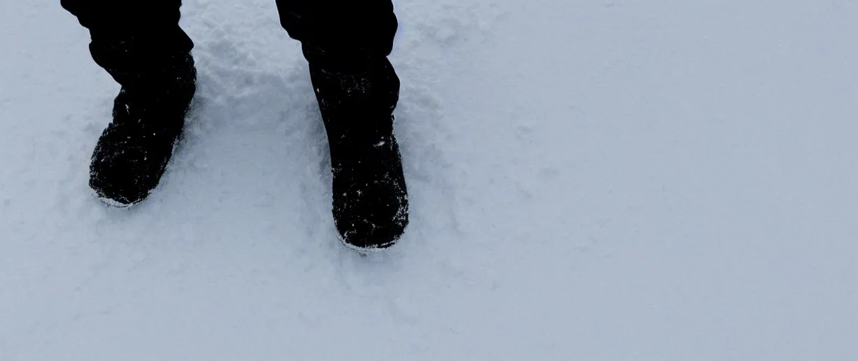 Image similar to top view extreme closeup movie like 3 5 mm film photograph of the silhouette of a man from the knees down wearing heavy boots walking through the antarctic snow during a heavy blizzard