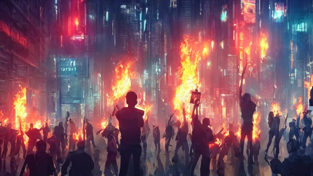 Prompt: angry protesters holding placards, digital illustration by greg rutkowski, fire, android netrunner, nighttime, cyberpunk city backgrounds, colored lighting