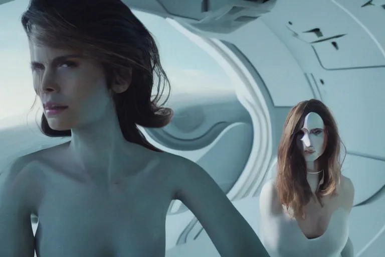 Image similar to VFX movie of a futuristic space woman model gorgeous portrait in inhuman future spaceship, beautiful natural skin natural lighting by Emmanuel Lubezki