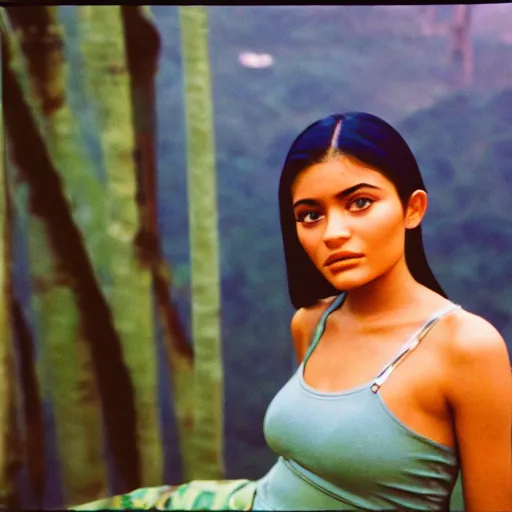 Prompt: film still, extreme far view, kylie jenner, jungle, vietnam door gunner, apocalypse now, associated press, 2 6 mm, kodak ektachrome, blue tint expired film