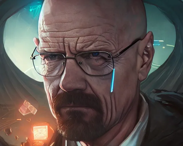 Image similar to walter white with cyberpunk implants, deep focus, d & d, fantasy, intricate, elegant, highly detailed, digital painting, artstation, concept art, matte, sharp focus, illustration, hearthstone, art by artgerm and greg rutkowski and alphonse mucha