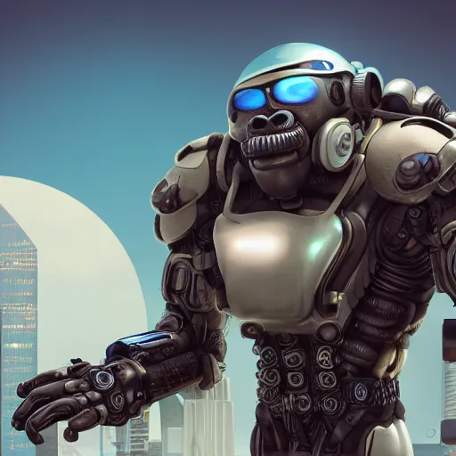 Image similar to cybernetic, anthropomorphic gorilla, face covered by cyberpunk visor, smooth round shapes, male, commission on furaffinity, cgsociety, octane render, beach in background