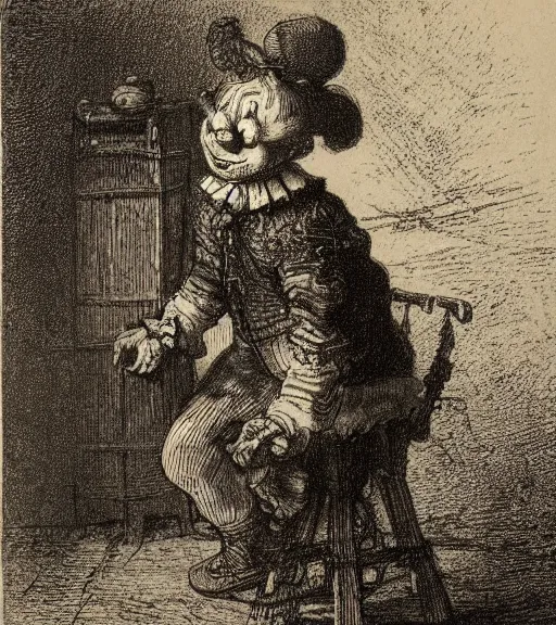 Prompt: etching drawing of sad clown on a wooden stool in front of a circus by Rembrandt van Rijn