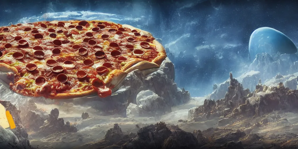 Image similar to planet made of pizza, melted cheese waterfalls, Greg Rutkowski, 3d scene, trending on Artstation, 8K, ultra wide angle, pincushion lens effect.