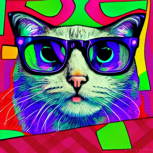 Prompt: a cat with glasses. digital art. high quality. high accuracy. psychedelic style.