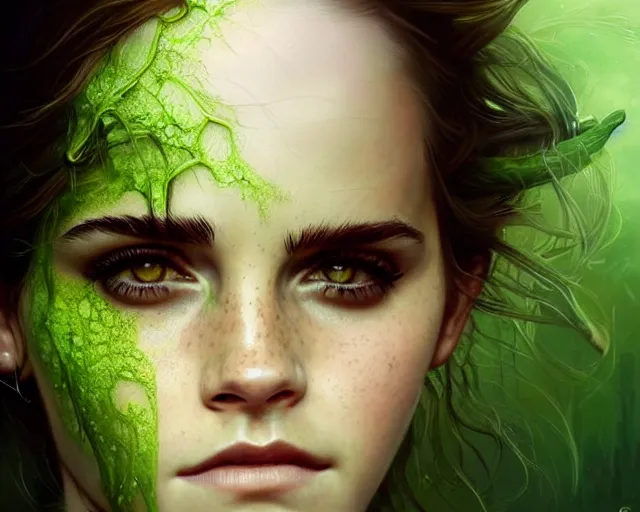 Image similar to mindblowing portrait of emma watson as a swamp witch, green colored skin!!, deep focus, d & d, fantasy, intricate, elegant, highly detailed, digital painting, artstation, concept art, matte, sharp, illustration, hearthstone, art by artgerm and greg rutkowski and alphonse mucha