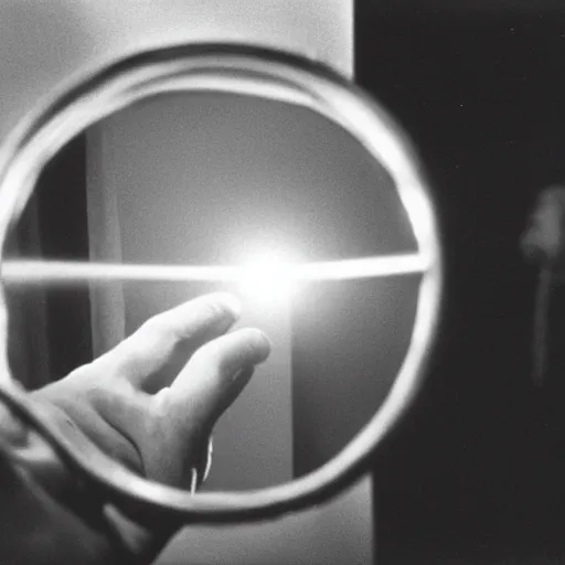 Prompt: Man sticking his hand through mirror that’s a portal to another world, award winning movie still, 35 mm, cinematic