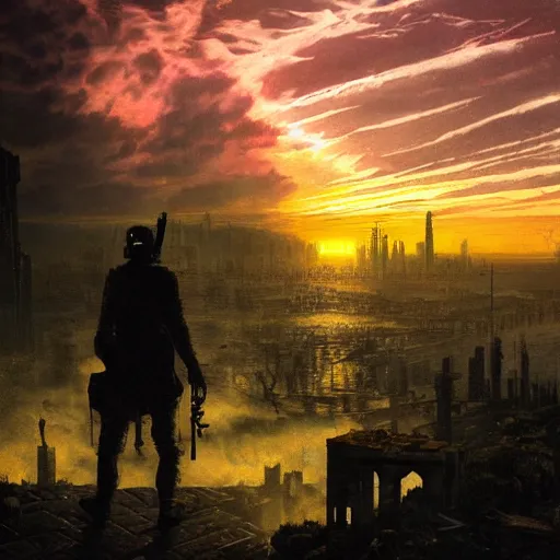 Image similar to wanderer with night vision goggles, dramatic light, sunset, sunrays, cyberpunk city in the background, ruins, buildings, dystoptian, gorgeous view, depth, painted by Caspar David Friedrich, clouds, tending on artstation