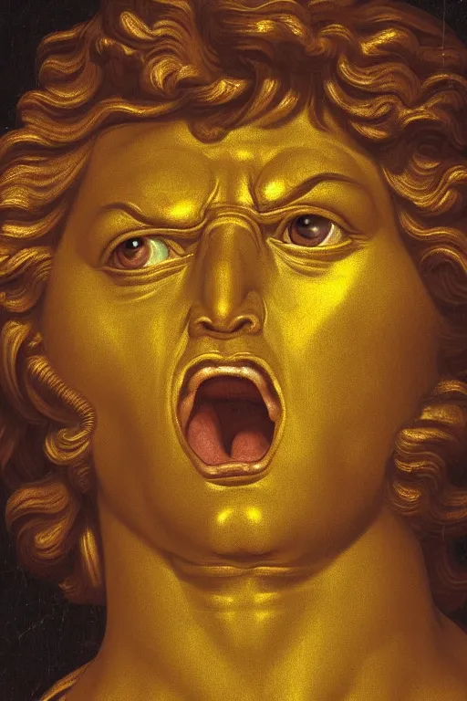 Image similar to archangel Michael, agony face, closeup, ultra detailed, made in gold, Guido Reni style