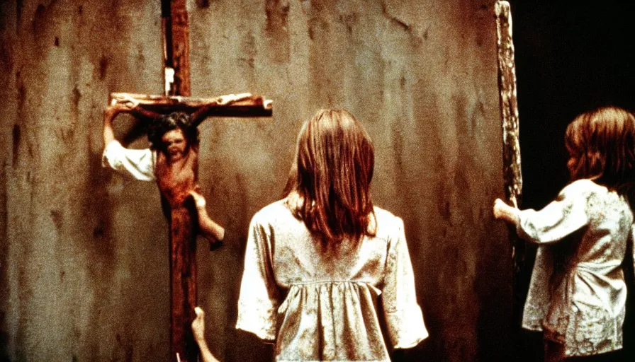Image similar to 7 0 s film still from a horror movie about crucified children, kodachrome, cinecolor, cinestill, film grain, film texture, retro, cinematic, high resolution, photorealism,