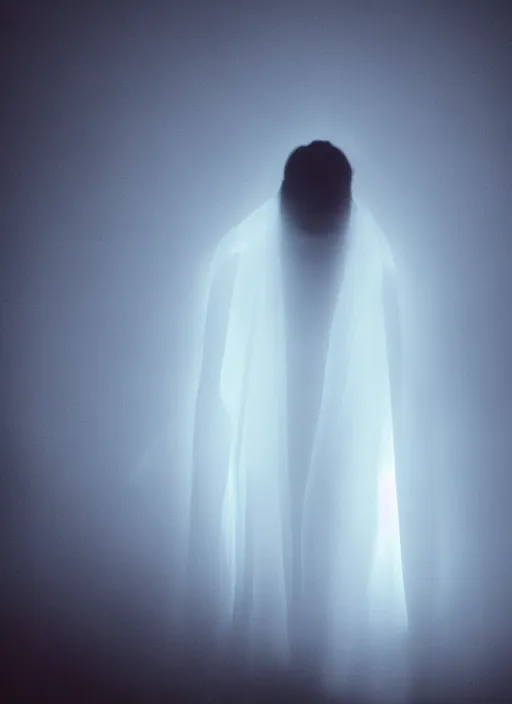 Image similar to a dark female silhouette, bright glowing translucent aura, fog, film grain