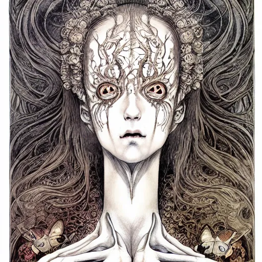 Prompt: prompt: Faceless face painted in William Blake style drawn by Vania Zouravliov and Takato Yamamoto, intricate oil painting, high detail, Neo-expressionism, post-modern gouache marks on the side, gnarly details soft light, white background, intricate detail, intricate ink painting detail, sharp high detail, manga and anime 2000