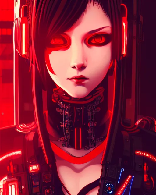 Image similar to a detailed potrait of a cyberpunk cyborg girl with black and red parts, fine - face, realistic shaded perfect face, fine details. night setting. very anime style. realistic shaded lighting poster by ilya kuvshinov katsuhiro, unreal engine, global illumination, radiant light, detailed and intricate environment