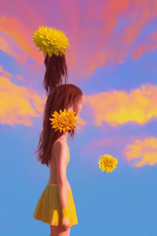 Image similar to closeup girl with huge yellow dahlia flower face, on the beach, surreal photography, blue sky, sunrise, dramatic light, impressionist painting, digital painting, artstation, simon stalenhag