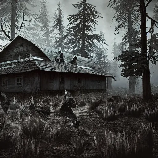 Image similar to an old wooden house standing on giant chicken legs. dark forest of dead trees. night. moonlight. mystery. thrill. photorealistic. hyper detailed. cinematic. epic composition