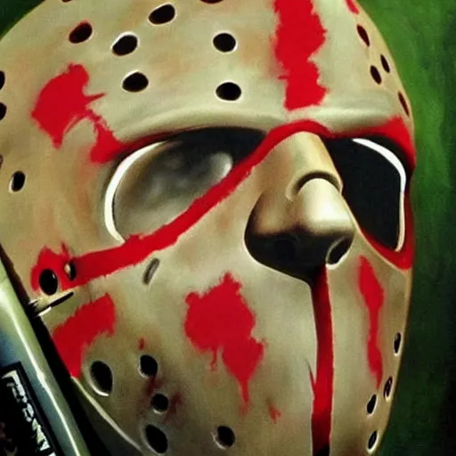 Image similar to jason voorhees in a bob ross painting, being painted by ted bundy