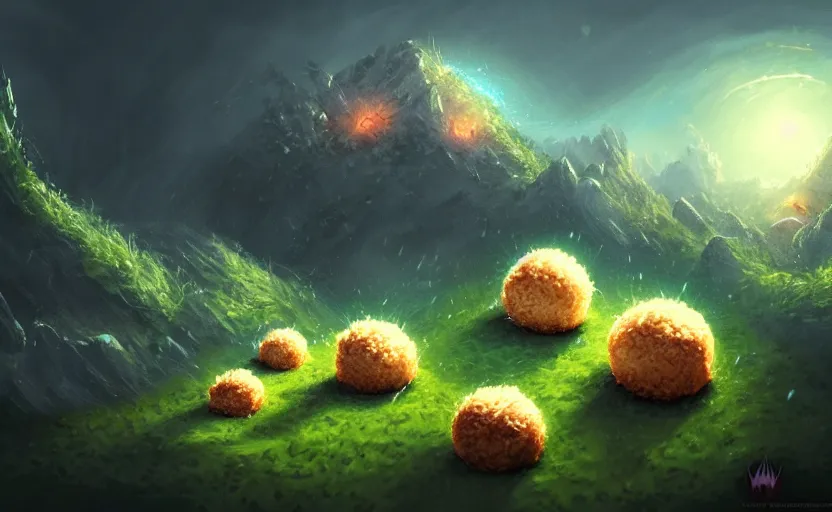 Prompt: magic : the gathering fantasy concept art of cute riceballs with excited faces bouncing down a mountain path, by marco bucci, high resolution, rice granules scattered all around, balls of rice, bouncing, fantasy coloring, intricate, digital painting, artstation, smooth, sharp focus