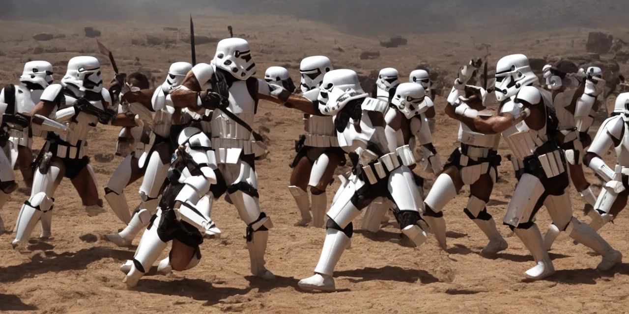 Image similar to gladiators in stormtrooper helmets, fighting in olympus, with dense crowds and dusty atmospherics