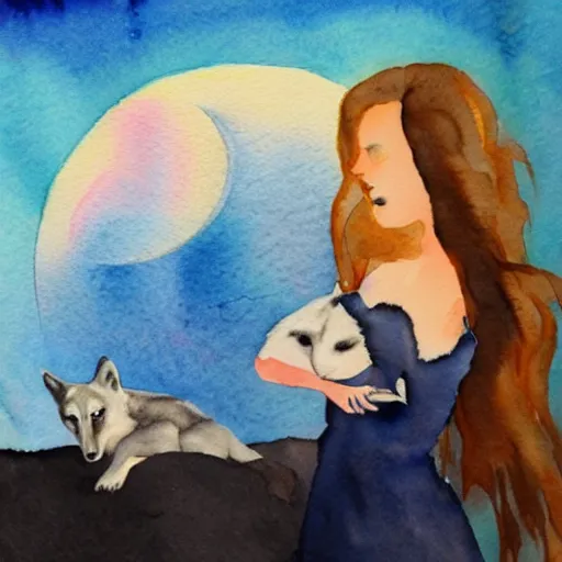 Prompt: tumblr watercolor painting of a beautiful girl with a wolf and moon in the background