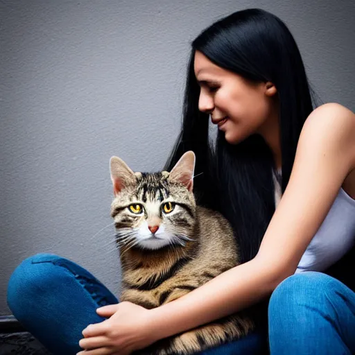 Image similar to a young adult woman with long dark hair, big and shiny black eyes and her tabby cat, a stock photo by juan villafuerte, pexels contest winner, high quality photo, rtx, hd, tumblr contest winner, anime, pretty, sensual