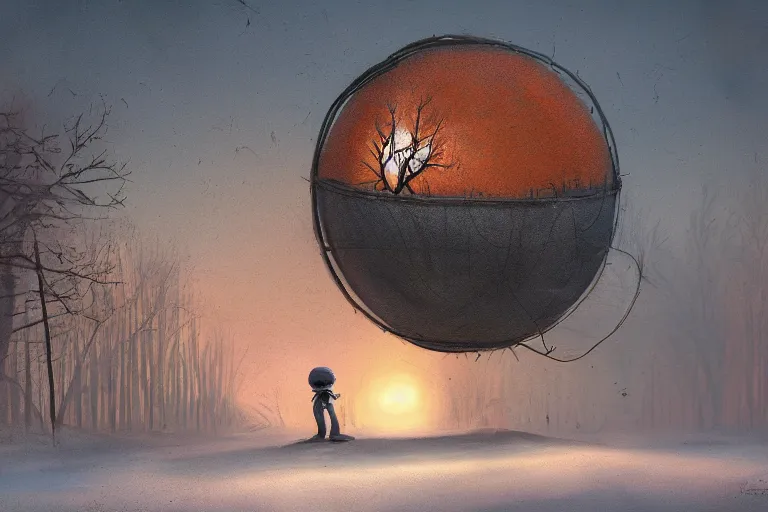 Image similar to surreal painting of a kid hiding in a giant rusted metal sphere in the woods in the style of simon stalenhag, sunset, snow, cold light, digital painting, concept art