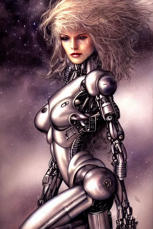 Image similar to a beautiful robot fighter pilot, fantasy, portrait, sharp focus, intricate, elegant, illustration, ambient lighting, art by Luis Royo