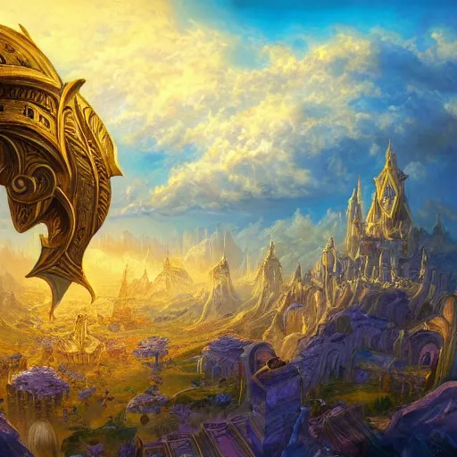 Prompt: a beautiful painting of demacia the kingdom in the sky, wide angle, vibrant color, gold, hd