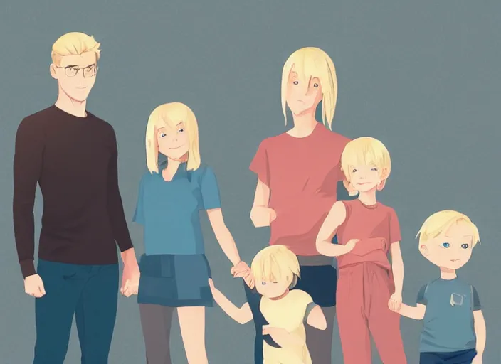 Prompt: a family. a mother, a father, and two children, all with blonde hair. clean cel shaded vector art. shutterstock. behance hd by lois van baarle, artgerm, helen huang, by makoto shinkai and ilya kuvshinov, rossdraws, illustration, art by ilya kuvshinov