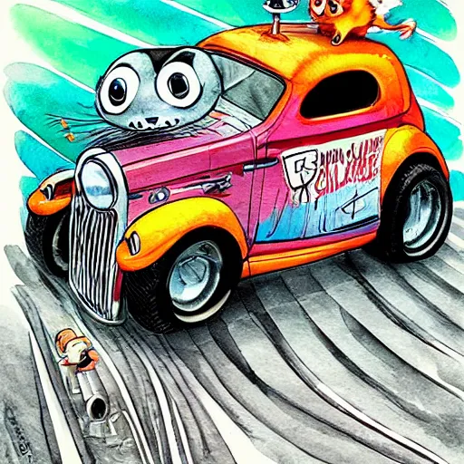 Image similar to racoon riding in a tiny hot rod coupe with oversized engine, ratfink style by ed roth, centered award winning watercolor pen illustration, bright and vivid, by chihiro iwasaki, edited by range murata