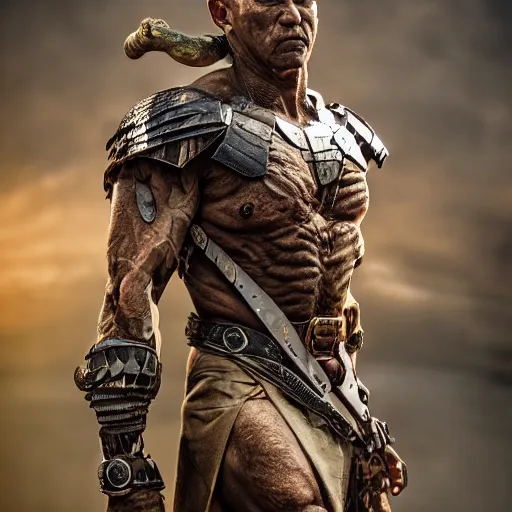 Image similar to muscular warrior with bark skin wearing intricate stone and wood armor, battlefield, highly detailed, dramatic lighting, cinematic, sci - fi, hyperrealistic, detailed