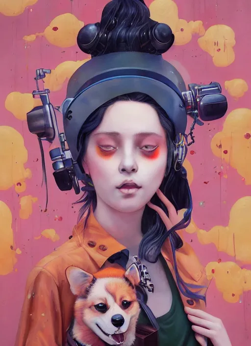 Prompt: beautiful portrait painting of a happy beautiful attractive lofi cyberpunk princess and her corgi assassin king, by Afarin Sajedi, Alessandro Barbucci, Alex Gross, Shin Jeongho, Shohei Otomo. trending on Artstation, 8k, masterpiece, face enhance, graffiti paint, fine detail, full of color, intricate detail, golden ratio illustration