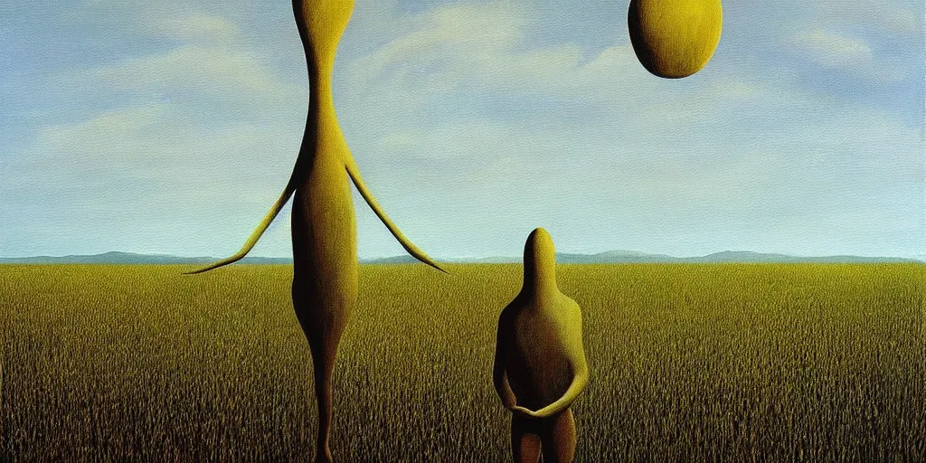 Prompt: a painting of a person standing in a field, a surrealist painting by bridget bate tichenor, cg society, surrealism, surrealist, lovecraftian, henry moore