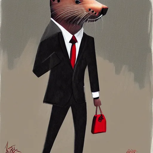 Prompt: well proportioned, stylized expressive master furry art painting by blotch and rukis of an anthro otter, full body, wearing suit and tie, walking to his job
