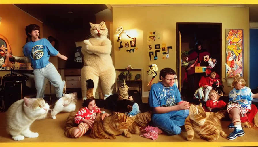 Image similar to 1990s candid 35mm photo of a beautiful day in the living room, cinematic lighting, cinematic look, golden hour, large costumed mascot people interacting with families, Enormous personified mascot people with outstandingly happy faces coming out of a portal and showing families how to teleport, cats playing video games in the background, UHD