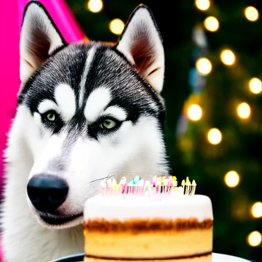 Prompt: a high - quality photo of a husky with a birthday cake, 4 5 mm, f 3. 5, sharpened, iso 2 0 0, raw, food photography